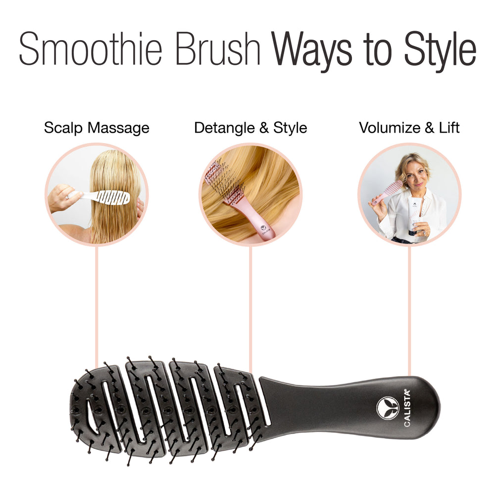 Graphic featuring three uses for the Calista Tools SMOOTHIE Brush: scalp massage, detangle and style, and volumize and lift, with photos showing each use above an image of the black SMOOTHIE Brush.