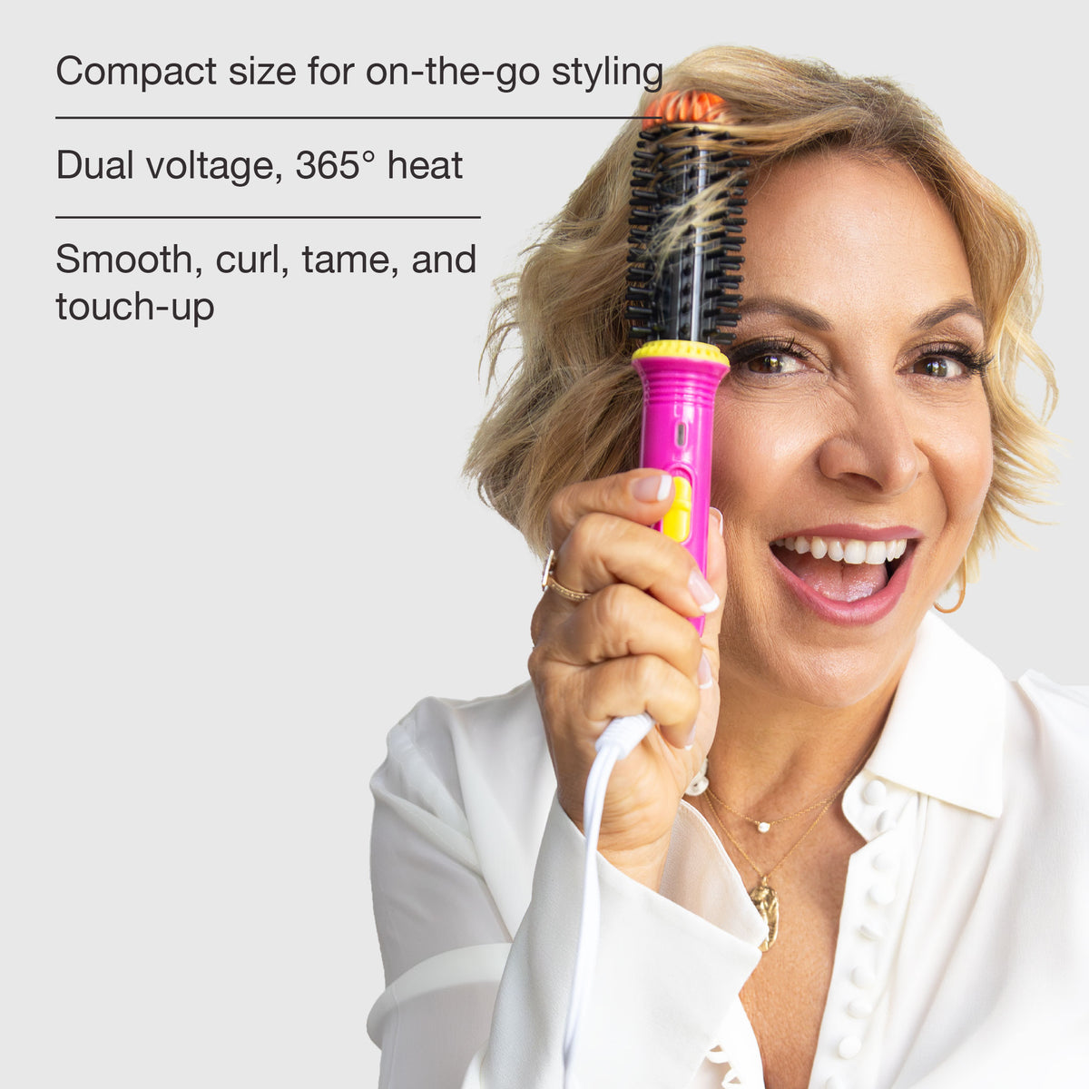 Woman holding a pink hair styling tool with text about its features on a white background