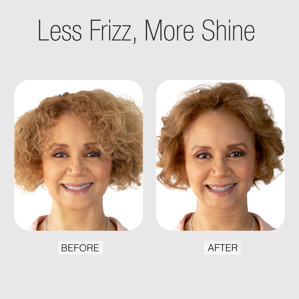 Before and after comparison of a woman with less frizz and more shine in her hair.