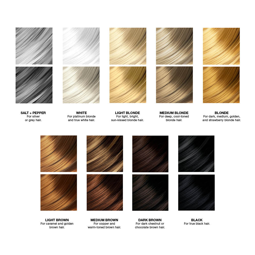 The Calista Tools EMBELLISH Root Touch-Up Medium Blonde includes a hair color chart with swatches—salt + pepper, white, blondes, browns, and black—making it easy to find your shade for temporary color or grey coverage solutions.