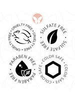 Four black-and-white icons for STRATOSPHERE Texturizing Spray by Calista Tools: cruelty free (rabbit), sulfate free (leaf), paraben free (leaf & droplet), and color safe (hexagon). Features a small blush Calista logo with a leaf accent.