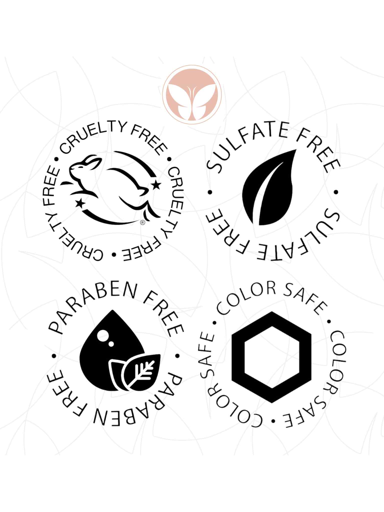 Four black-and-white icons for STRATOSPHERE Texturizing Spray by Calista Tools: cruelty free (rabbit), sulfate free (leaf), paraben free (leaf & droplet), and color safe (hexagon). Features a small blush Calista logo with a leaf accent.