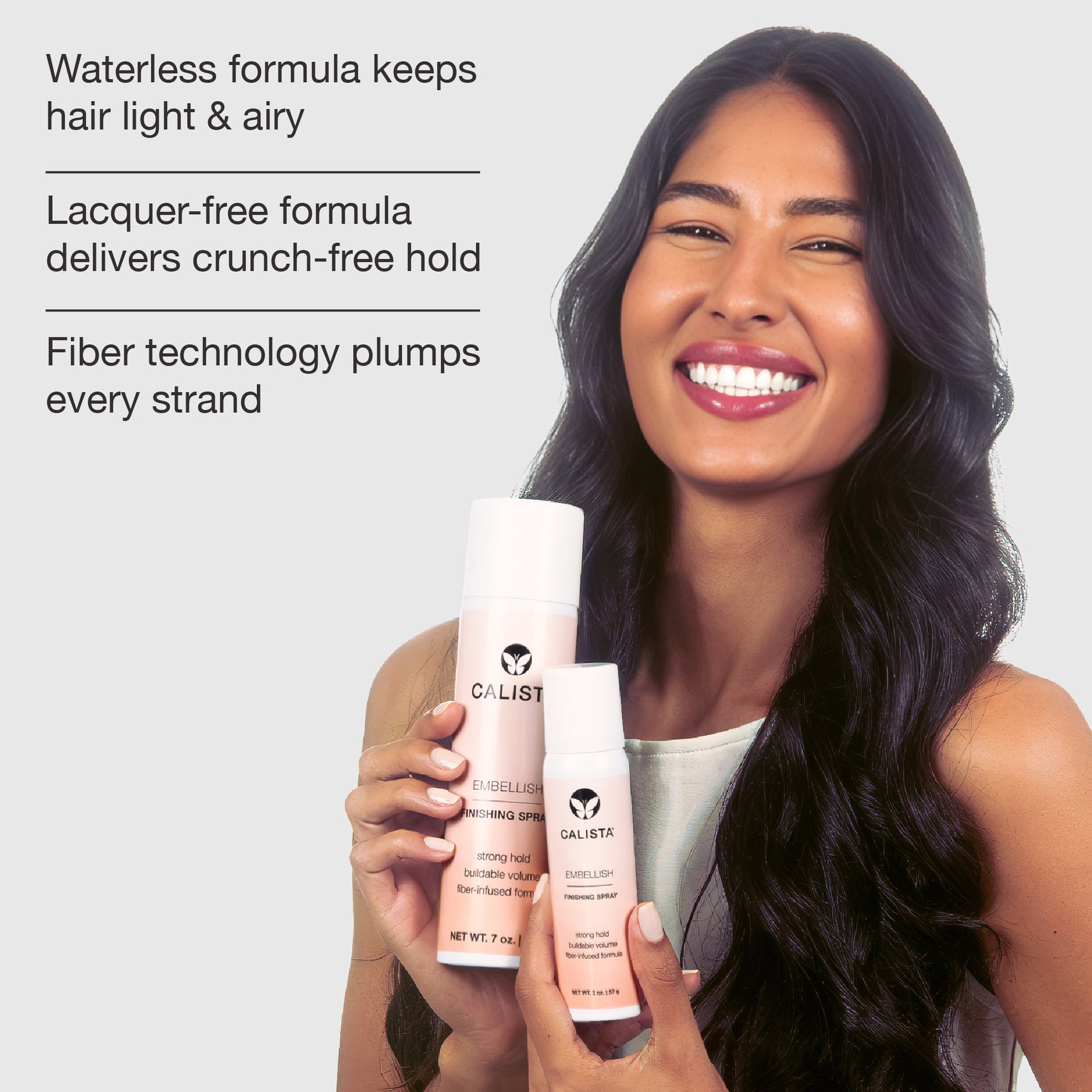 A smiling woman with long dark hair holds two Calista embellish finishing spray bottles against a light gray background, with promotional text on the left side.