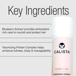 Calista Embellish Finishing Spray bottle shown next to text highlighting key ingredients: blueberry extract and volumizing protein complex, on a light gray background.