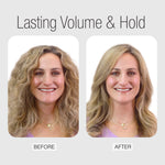 Before-and-after comparison showing a woman with wavy blonde hair, demonstrating the volume and hold of embellish finishing spray. The left side is labeled 'BEFORE' with loose, voluminous hair, and the right side is labeled 'AFTER' with smoother, more defined waves.