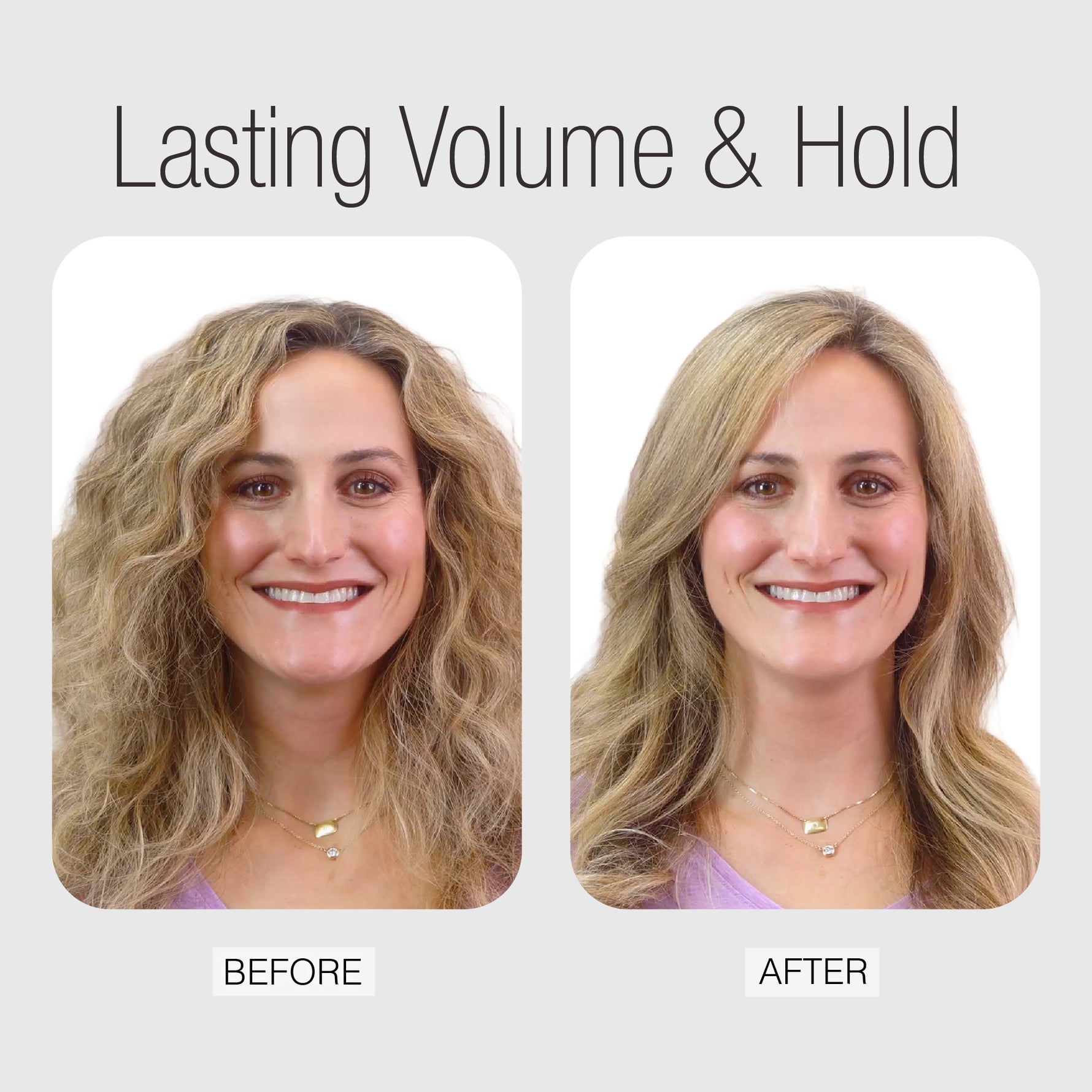 Before-and-after comparison showing a woman with wavy blonde hair, demonstrating the volume and hold of embellish finishing spray. The left side is labeled 'BEFORE' with loose, voluminous hair, and the right side is labeled 'AFTER' with smoother, more defined waves.