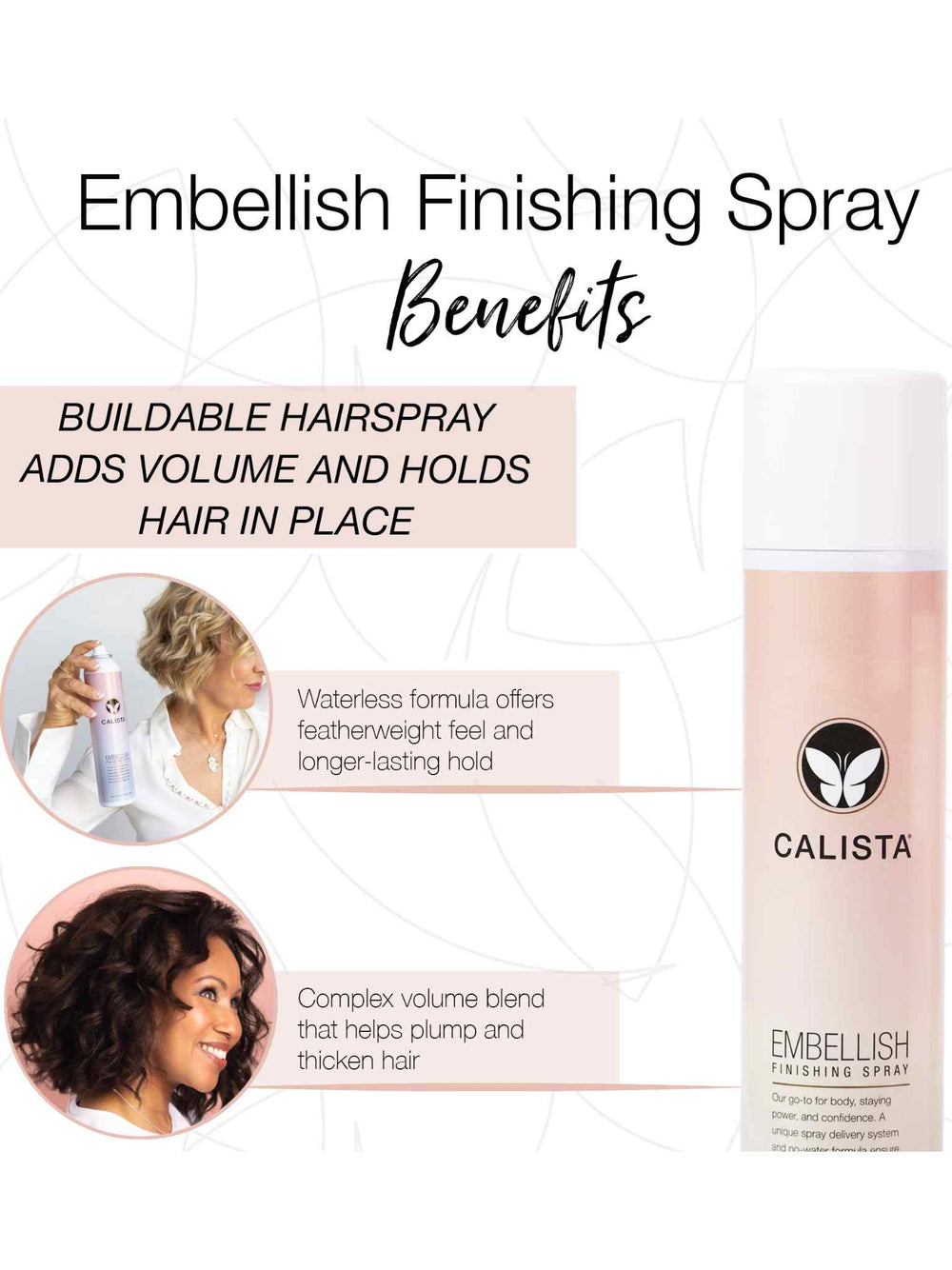 infographic outlining the benefits of Calista embellish finishing spray