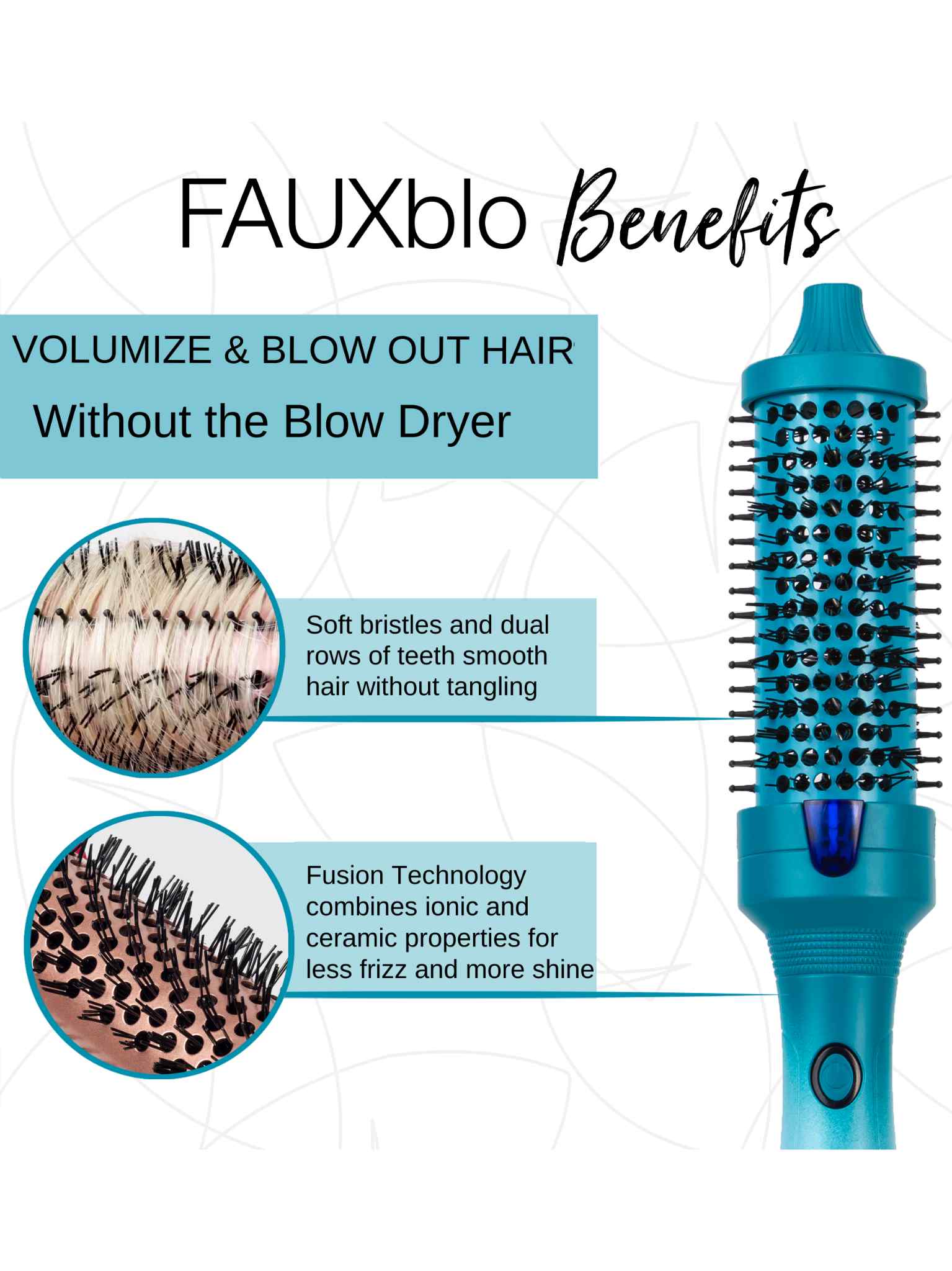 The Calista Tools FAUXblo Thermal Blowout Brush 1.77" features soft bristles and dual teeth rows to volumize and style hair without a blow dryer, using fusion technology for less frizz, more shine, and easy at-home blowouts.