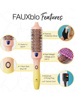 Image of the Calista Tools FAUXblo Thermal Blowout Brush 1.77” with features: heats to 365°F, includes thermal glove, auto shut-off, dual voltage, American 2-prong plug, and a 6’ swivel cord.