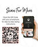 A hand holds a smartphone with a virtual stylist app. Beside it, a large QR code with the Calista Tools butterfly logo says: Scan for step-by-step FAUXblo Thermal Blowout Brush 1.77” hair volumizing instructions.