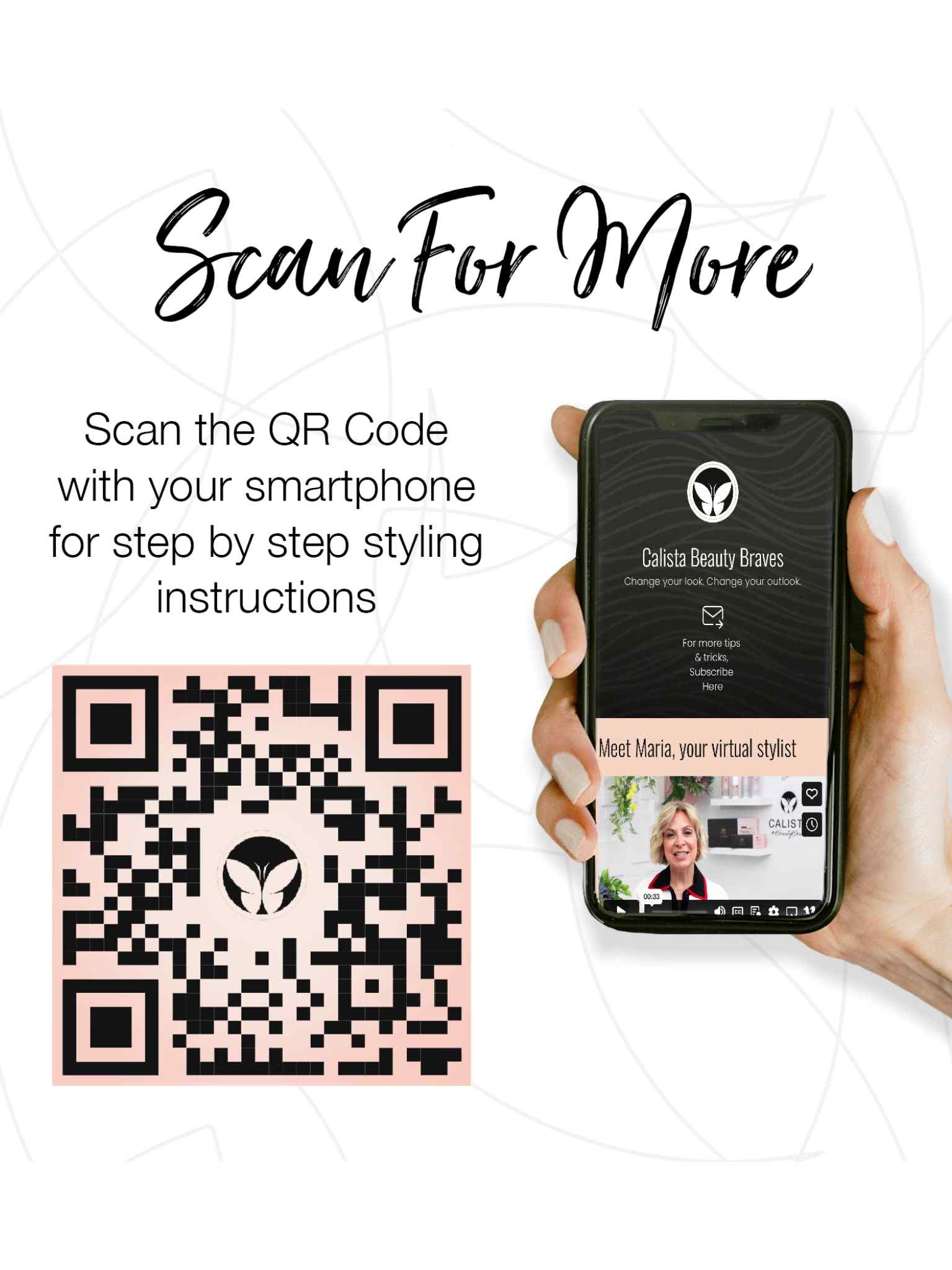 A hand holds a smartphone with a virtual stylist app. Beside it, a large QR code with the Calista Tools butterfly logo says: Scan for step-by-step FAUXblo Thermal Blowout Brush 1.77” hair volumizing instructions.