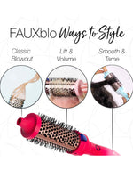The FAUXblo Thermal Blowout Brush 1.77" by Calista Tools is displayed in pink, with three styling options—Classic Blowout, Lift & Volume, and Smooth & Tame—shown on various hair types in circular frames.