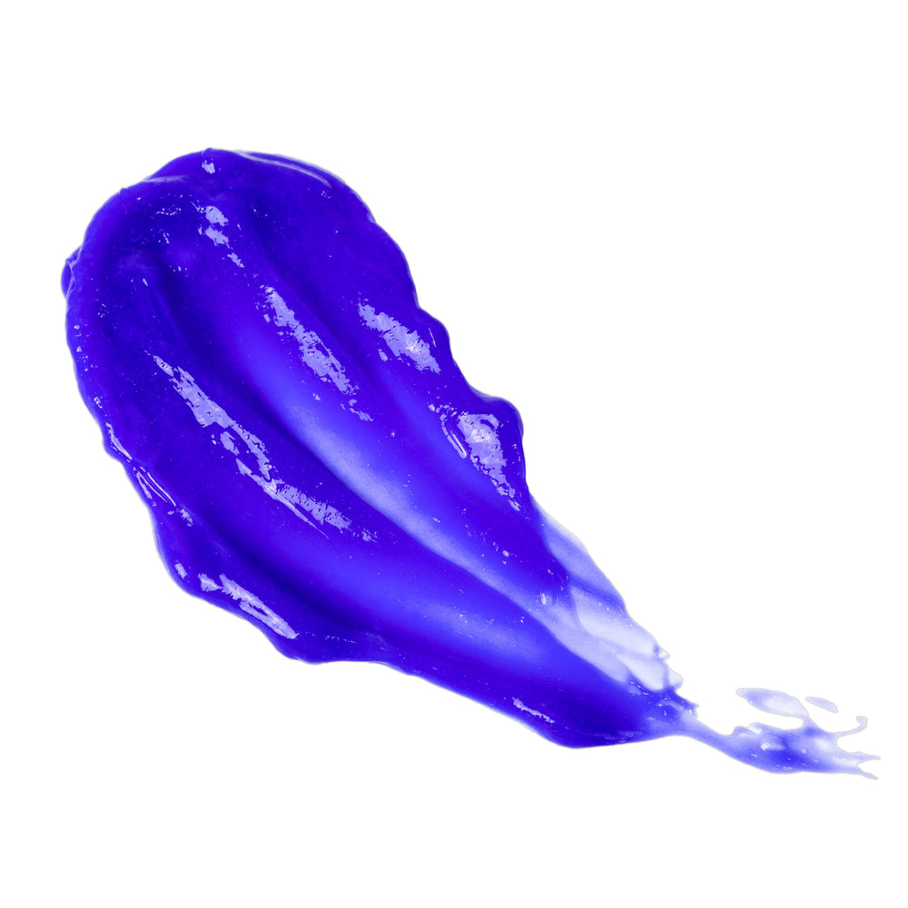 A vivid blue-purple smear with glossy highlights on white resembles Calista Tools GLOSS Purple Color Enhancement, a treatment that neutralizes brassy tones and brightens hair.