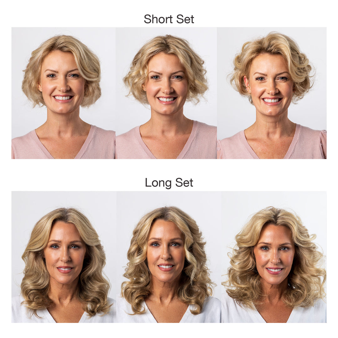 A woman appears in six portraits: three on top with bouncy curls and short blonde hair, and three below with long wavy blonde hair achieved using the Calista Tools Ion Hot Rollers Long Set Gen 2. She wears similar outfits and has matching expressions.