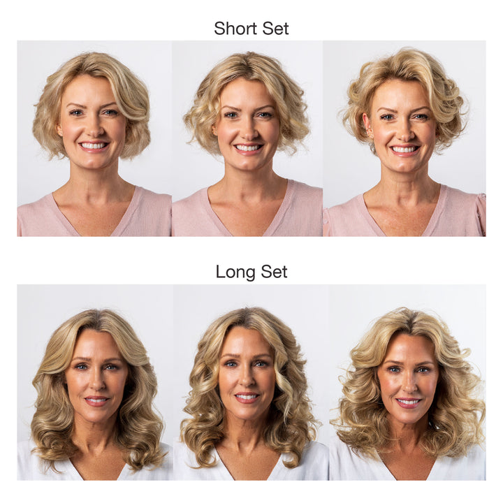 A woman appears in six portraits: three on top with bouncy curls and short blonde hair, and three below with long wavy blonde hair achieved using the Calista Tools Ion Hot Rollers Long Set Gen 2. She wears similar outfits and has matching expressions.