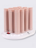 The Calista Tools Refurbished Ion Hot Rollers Gen 1 features nine pink rollers on a white heated base with a power switch, ideal for styling, curling, and volumizing hair.