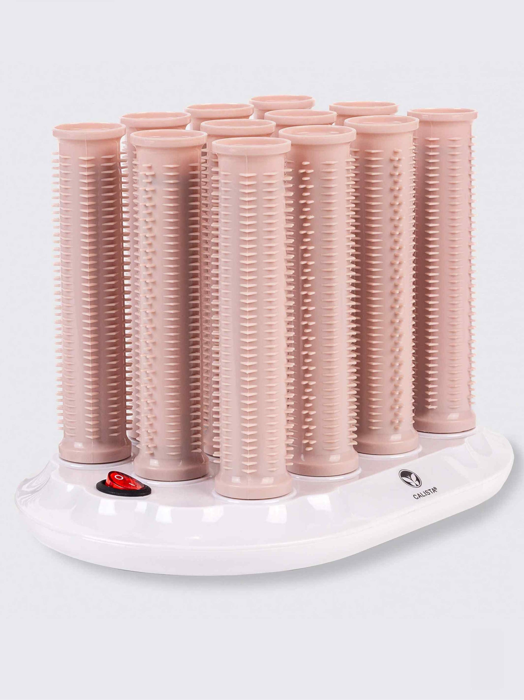 The Calista Tools Refurbished Ion Hot Rollers Gen 1 features nine pink rollers on a white heated base with a power switch, ideal for styling, curling, and volumizing hair.