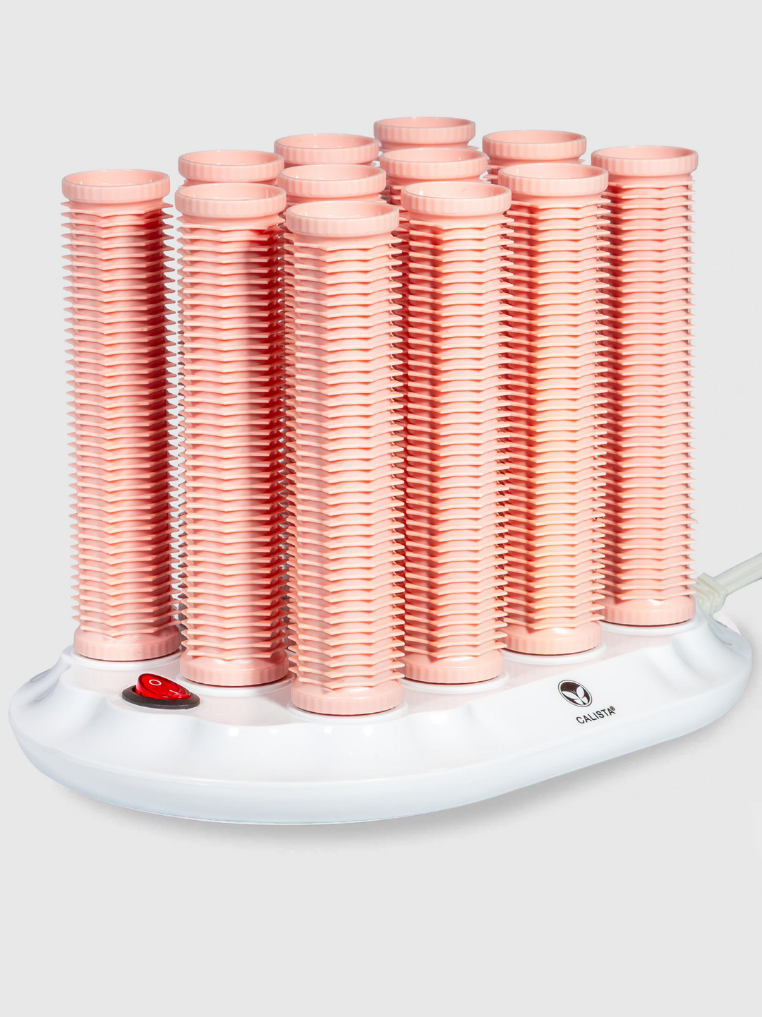 The Calista Tools Ion Hot Rollers Long Set Gen 2 in pink stand on a white base with a red power switch and indicator light, ideal for effortlessly creating voluminous curls.