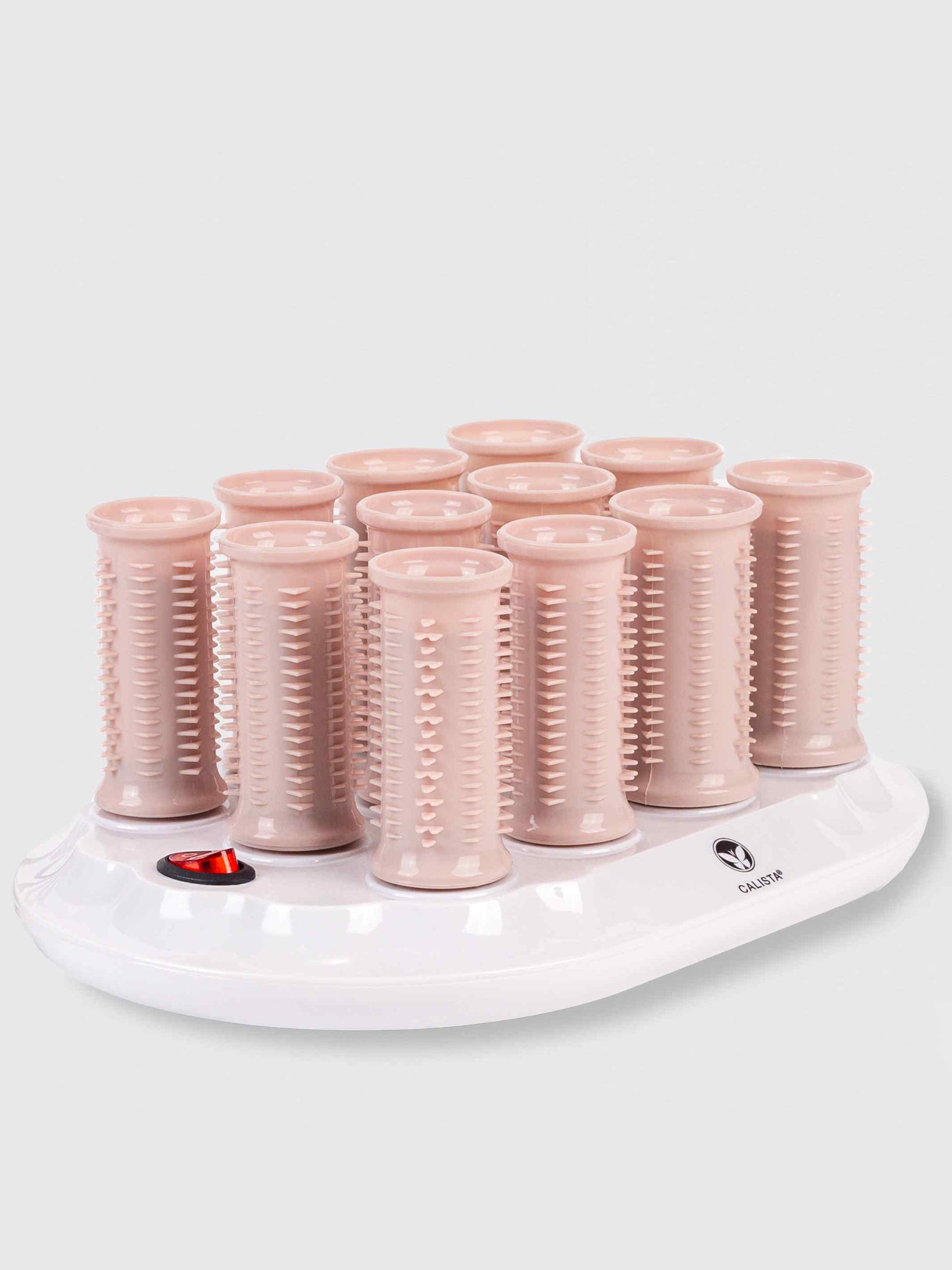 The Refurbished Ion Hot Rollers Gen 1 by Calista Tools are large pink rollers on a white base with a red power indicator, offering a smooth, glossy finish for easy volumizing styling.