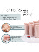 Image shows Calista Tools Refurbished Ion Hot Rollers Gen 1 on a white base. Heats to 230°F, temp indicator dot, 1-hour auto shut-off, dual voltage. Includes 12 claw clips and heat-safe travel bag—perfect refurbished hair tool set.