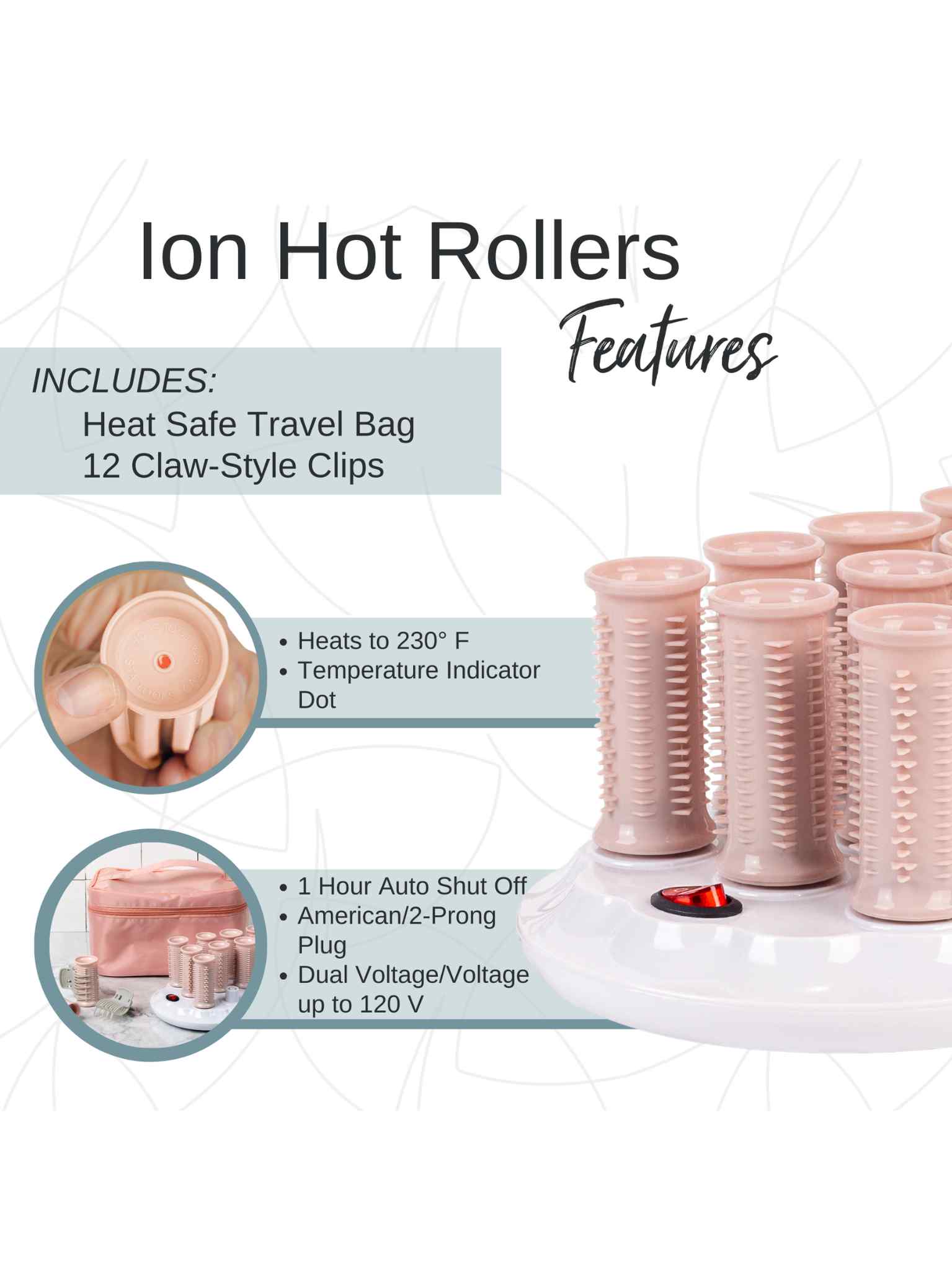 Image shows Calista Tools Refurbished Ion Hot Rollers Gen 1 on a white base. Heats to 230°F, temp indicator dot, 1-hour auto shut-off, dual voltage. Includes 12 claw clips and heat-safe travel bag—perfect refurbished hair tool set.