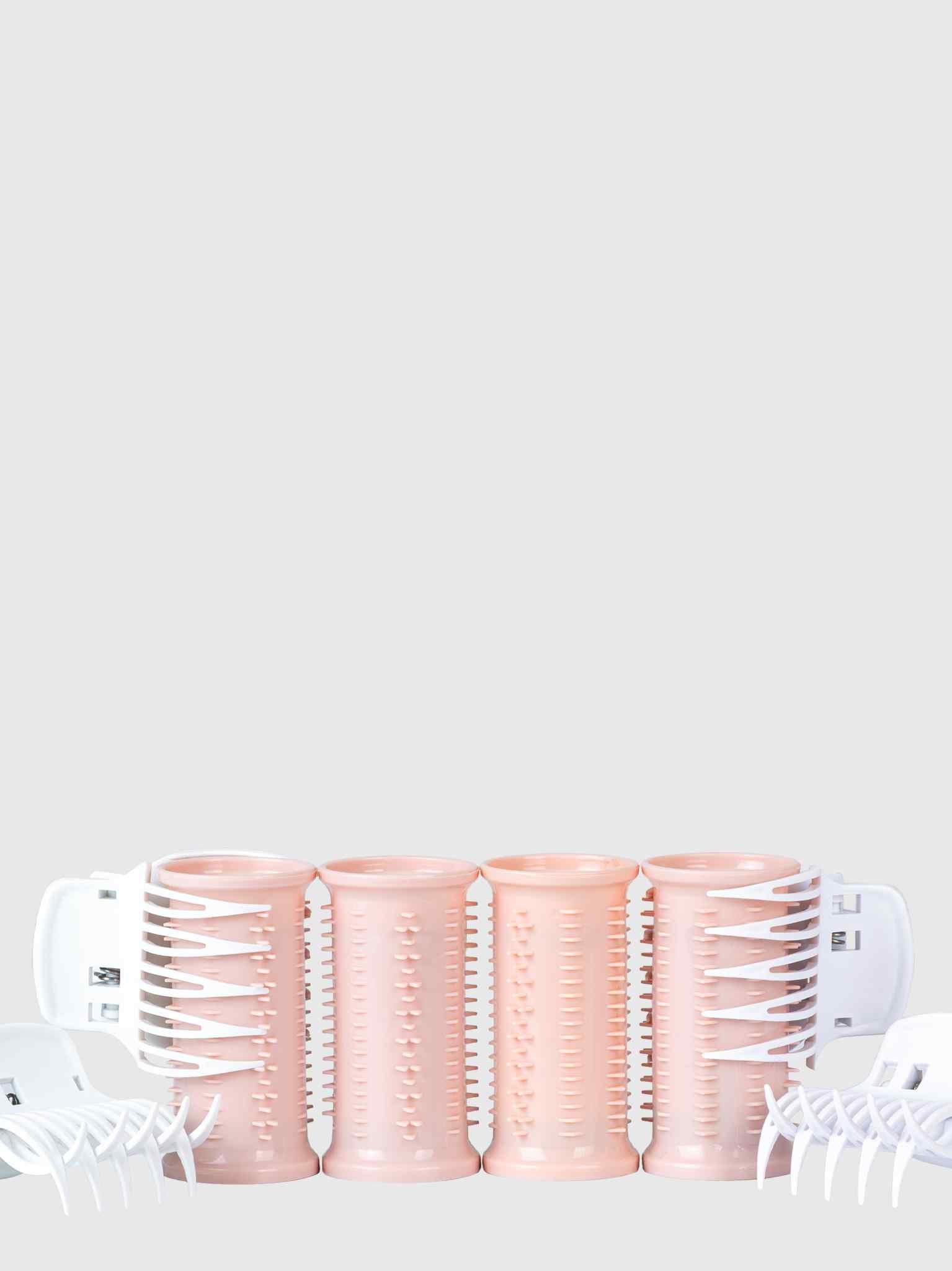 Four Calista Tools Ion Hot Rollers Replacement Pack Medium in pink are lined up vertically, each flanked by white plastic hair clips, set against a plain light gray background.