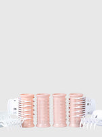 Four light pink Calista Tools Ion Hot Rollers Replacement Pack Short stand upright, each secured with two white plastic clips, all arranged on a neutral gray background—ideal for gently boosting hair volume with ionic technology.