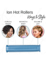 Three images show curls, waves, and short hair with volume. Below is a blue Calista Tools Refurbished Ion Hot Rollers Gen 1 set—perfect as a hair volumizer. Text reads: Ion Hot Rollers Ways to Style.
