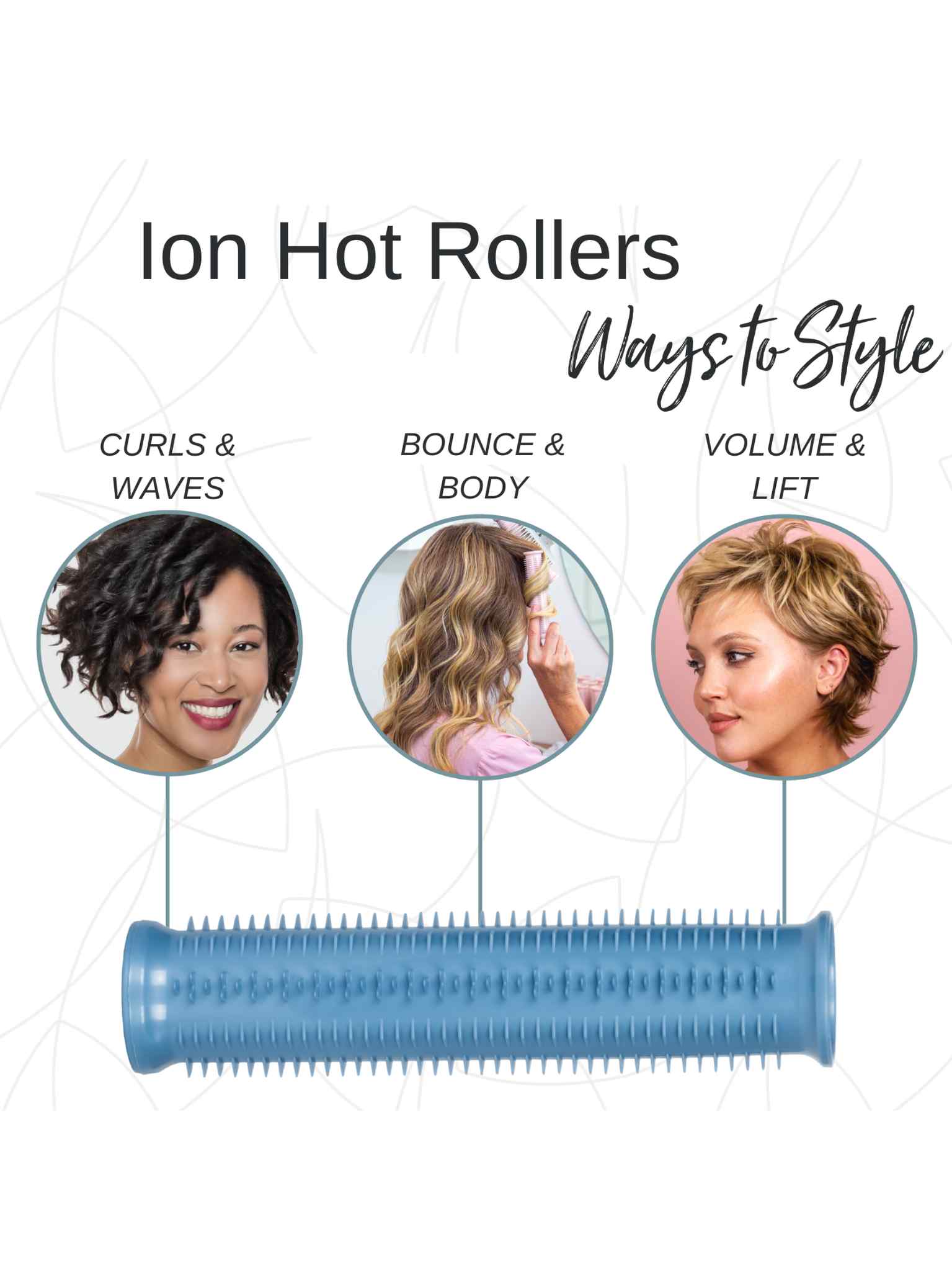 Three images show curls, waves, and short hair with volume. Below is a blue Calista Tools Refurbished Ion Hot Rollers Gen 1 set—perfect as a hair volumizer. Text reads: Ion Hot Rollers Ways to Style.