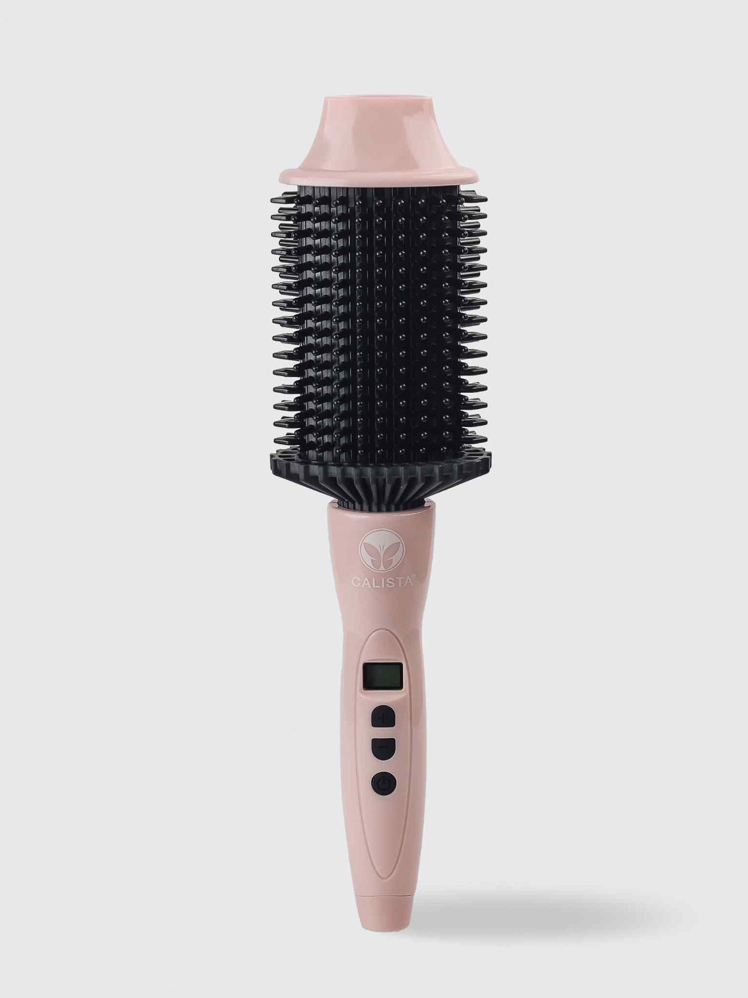 A pink and black Calista Tools Refurbished Perfecter Oval Heated Volumizing Brush with a digital display and handle buttons stands upright against a plain white background, highlighting innovative tools for effortless hair styling.