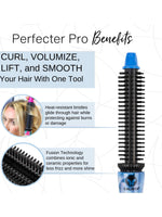 The Perfecter Pro Heated Round Brush 1" Pro+ features heat-resistant bristles and a blue tip to safely curl, lift, smooth, reduce frizz, add shine, and protect hair from burns or damage for easy, salon-quality styling.