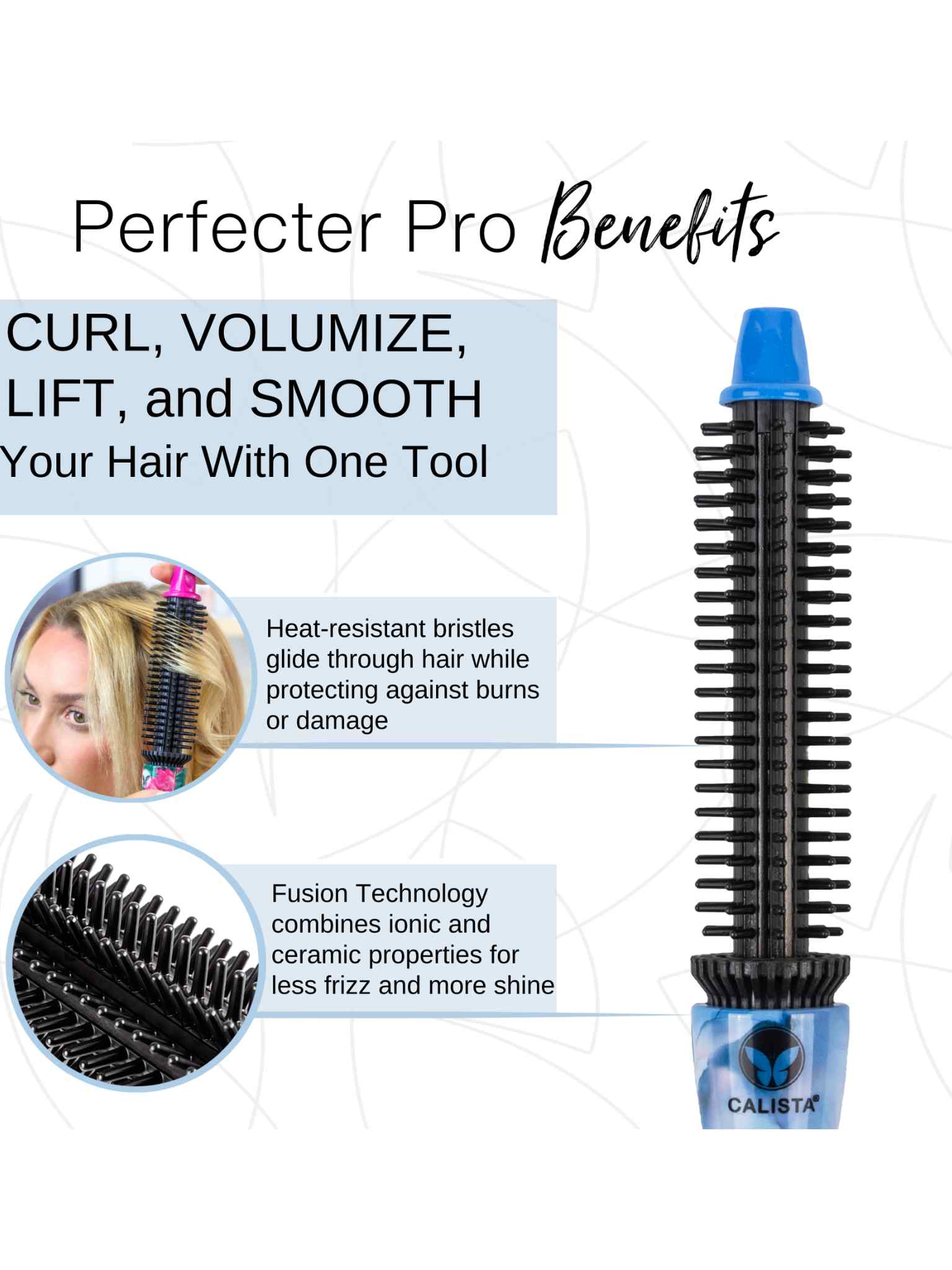 The Perfecter Pro Heated Round Brush 1" Pro+ features heat-resistant bristles and a blue tip to safely curl, lift, smooth, reduce frizz, add shine, and protect hair from burns or damage for easy, salon-quality styling.