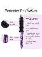 The Perfecter Pro Heated Round Brush 1" Pro +, shown in a purple floral pattern, features dual voltage, anti-frizz styling, temperature lock, 325°-395°F range, heat safe travel bag, cleaning tool, and 1-hour auto shut off.
