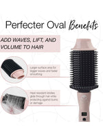 The Refurbished Perfecter Oval Heated Volumizing Brush by Calista Tools is shown in pink and black, with callouts noting added waves, lift, and volume, a wider surface for faster styling, and heat-resistant bristles for smooth, safe use.
