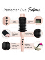 The Refurbished Perfecter Oval Heated Volumizing Brush by Calista Tools has a pink oval design, digital display (325°F–395°F), temp lock, 1-hour auto shutoff, dual voltage, 6' swivel cord, travel bag with cleaning tool, and a 2-prong plug.