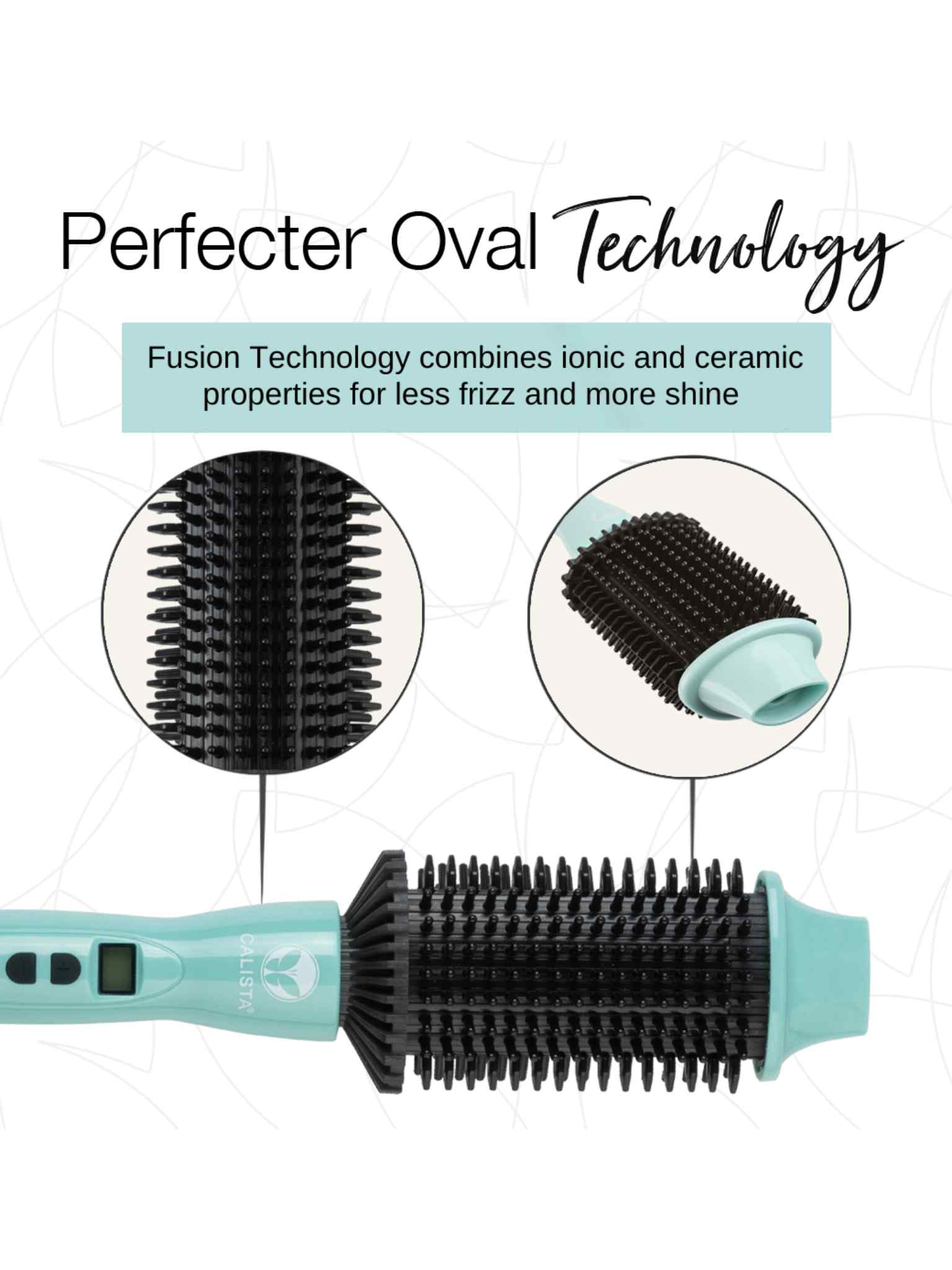 A close-up of Calista Tools’ Refurbished Perfecter Oval Heated Volumizing Brush in turquoise and black with digital controls, ionic and ceramic fusion tech for less frizz and more shine, bristles, brush end, and logo among premium hair tools.