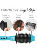 The Refurbished Perfecter Oval Heated Volumizing Brush by Calista Tools in blue lets you smooth straight hair, curl for waves, and boost root volume—an innovative multi-styler from Calista Tools' refurbished selection.