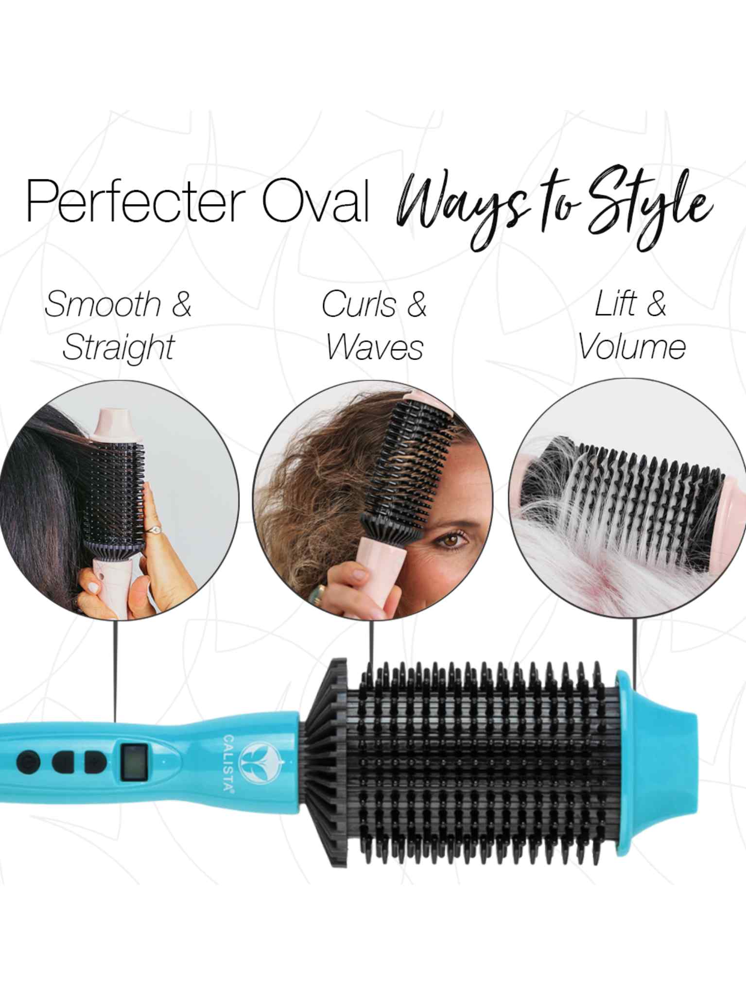 The Refurbished Perfecter Oval Heated Volumizing Brush by Calista Tools in blue lets you smooth straight hair, curl for waves, and boost root volume—an innovative multi-styler from Calista Tools' refurbished selection.