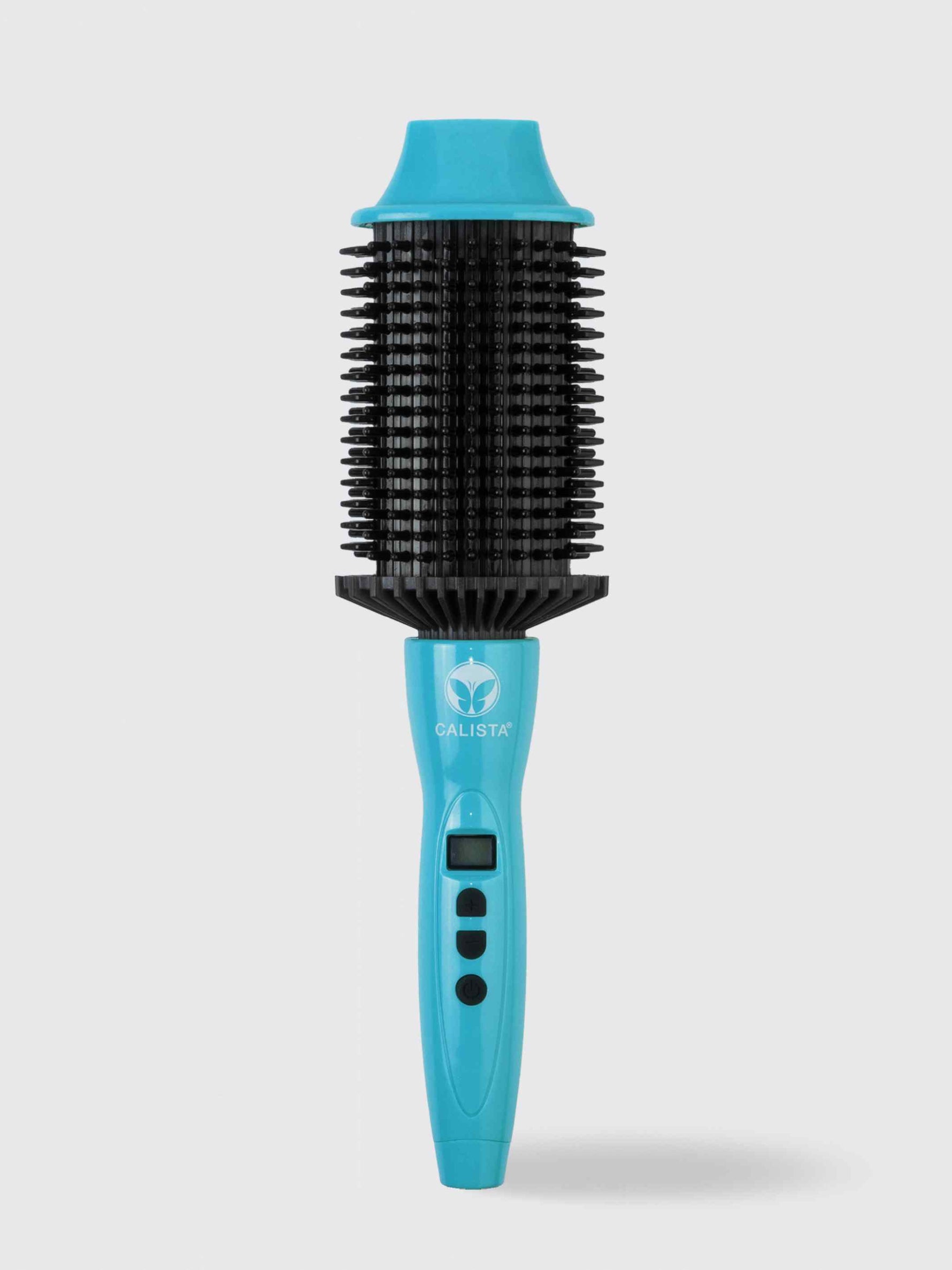 A turquoise Refurbished Perfecter Oval Heated Volumizing Brush by Calista Tools, featuring black bristles and control buttons on the handle, stands upright against a plain light background for effortless styling.