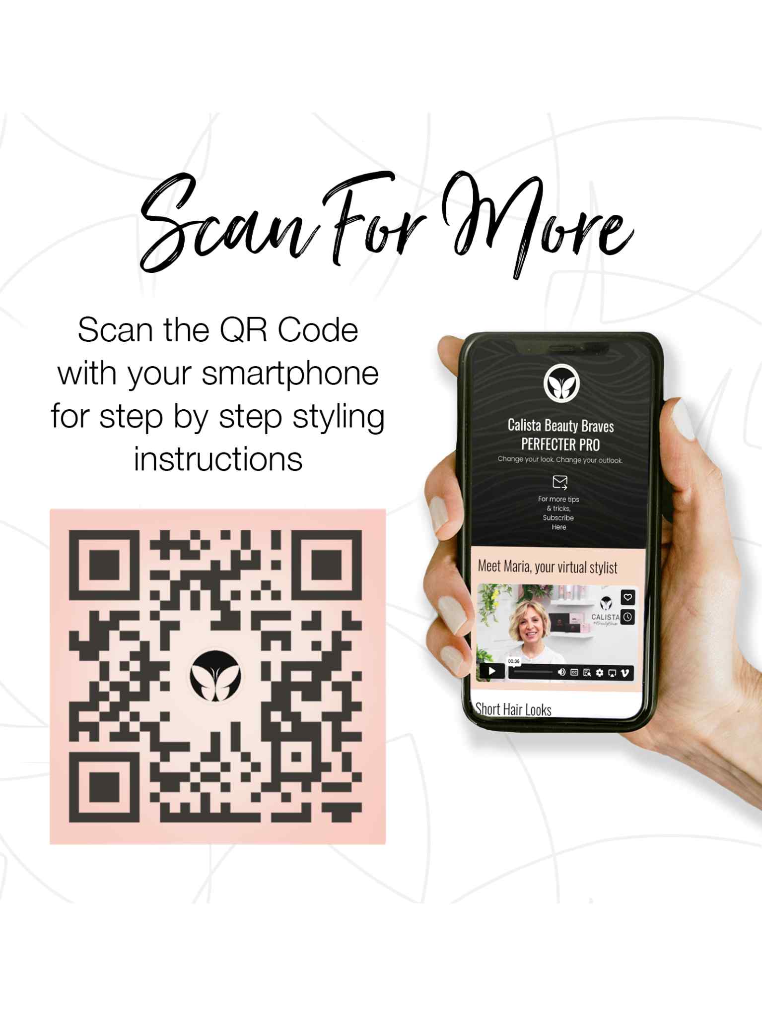 A hand holds a smartphone showing the Perfecter Pro Long Hair Duo virtual stylist page. To the left, a black and pink QR code appears above text: Scan for step-by-step heated styling tool instructions.