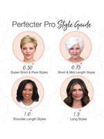 A style guide showcases four women with varying hair lengths—pixie (0.5), short/mid (0.75), shoulder (1.0), and long (1.5)—with photos and tips for using the Perfecter Pro Heated Round Brush 1" Pro + to achieve anti-frizz styling.