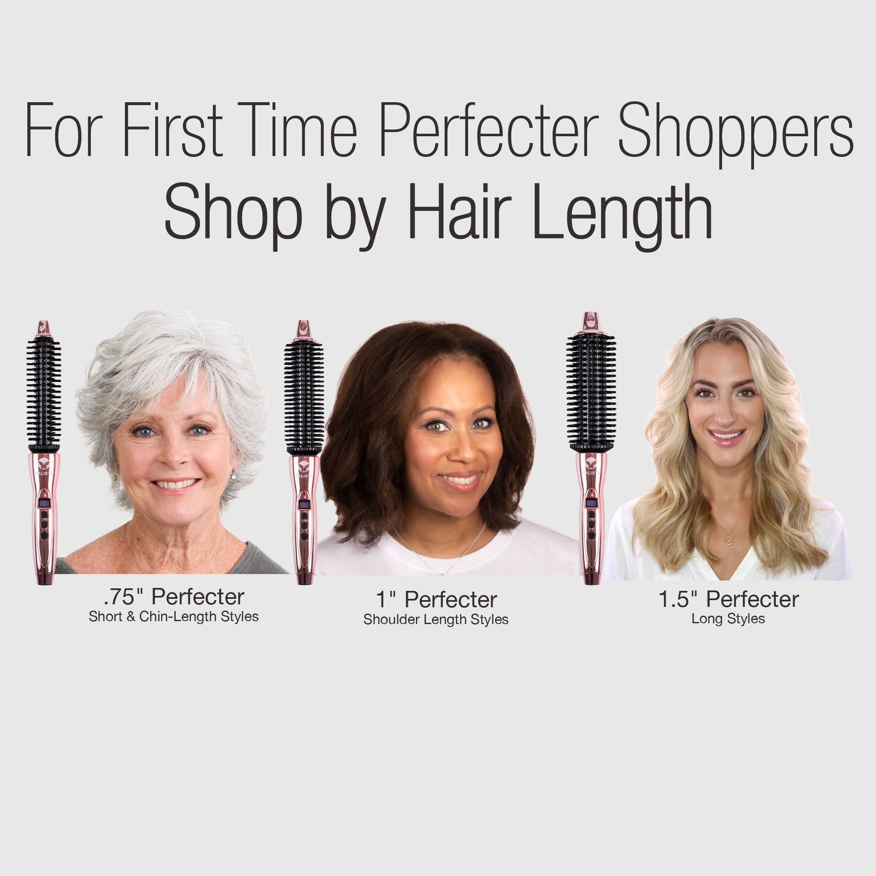 Three women with different hairstyles next to Perfecter styling tools labeled for various hair lengths.