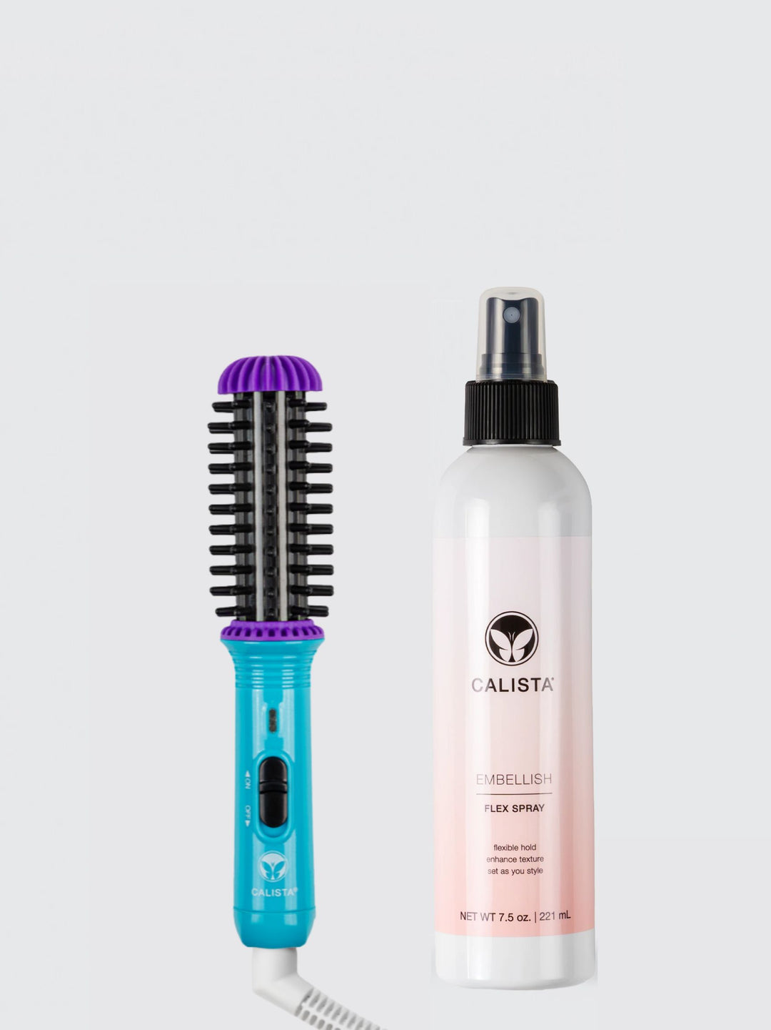 The Calista Tools GoGo Mini Round Brush in blue and purple sits next to the Embellish Flex Spray bottle, both from the GoGo Mini Round Brush & Embellish Flex Spray Duo, displayed against a plain light gray background.