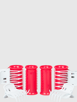 Four red Calista Tools Ion Hot Rollers Short Set - Gen 1 are arranged upright in the center, flanked by four white hair clips—all on a plain white background. Perfect for adding volume, this set is now available as a Final Sale.