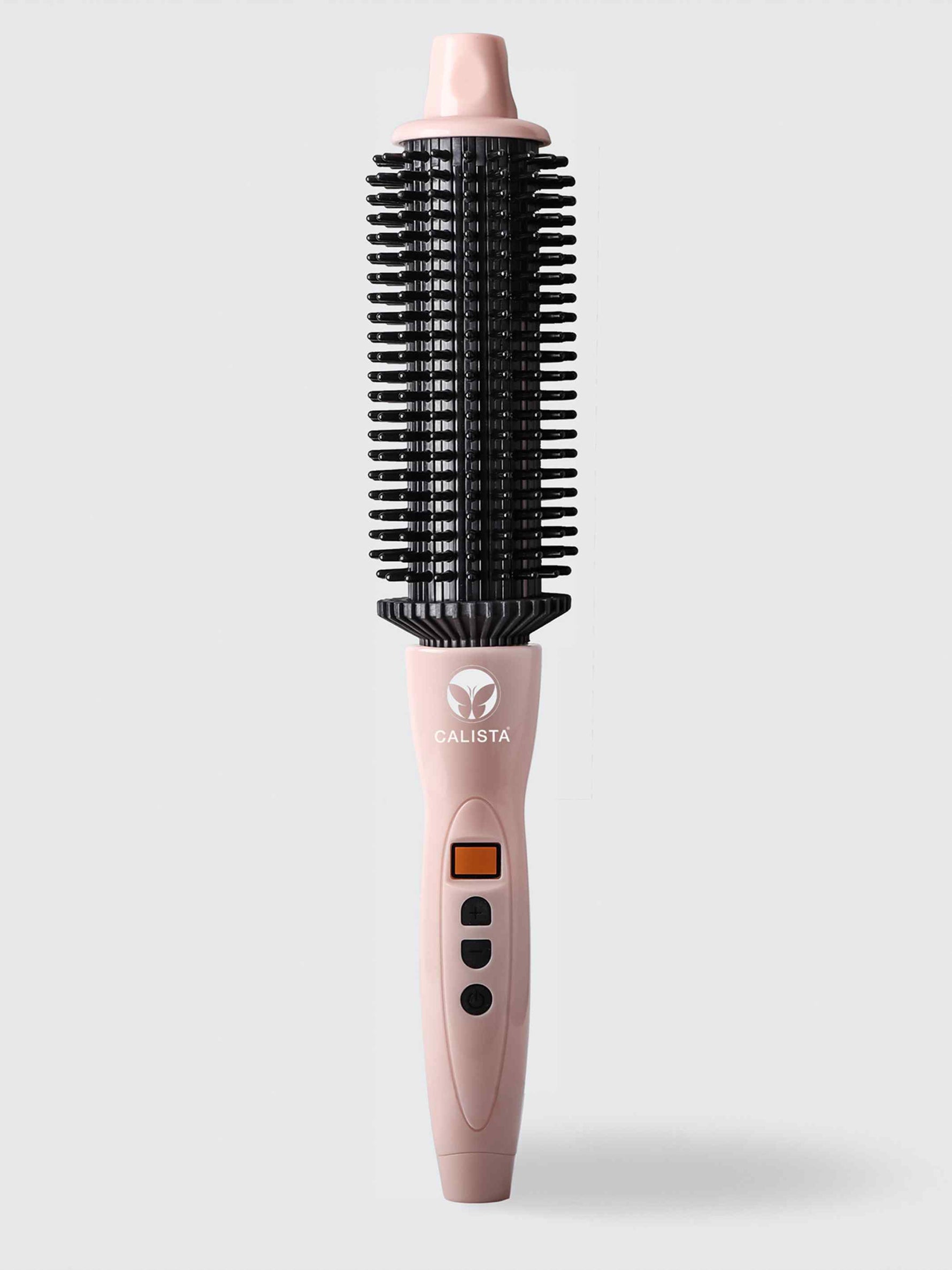 A refurbished Calista Tools Perfecter Pro Heated Round Brush with a pink handle, black-bristled cylindrical barrel, temperature controls, and on/off switch is shown upright against a white background.