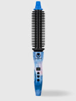 The Refurbished Perfecter Pro Heated Round Brush by Calista Tools is a blue and black styling tool with a round barrel, digital display, and control buttons—labeled Calista near the handle top—for easy, versatile hair styling.