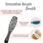 Infographic about the Calista Tools SMOOTHIE Brush Duo, a detangling brush that smooths and styles hair without pulling. Its vented design speeds drying, reduces breakage, and helps prevent heat damage.