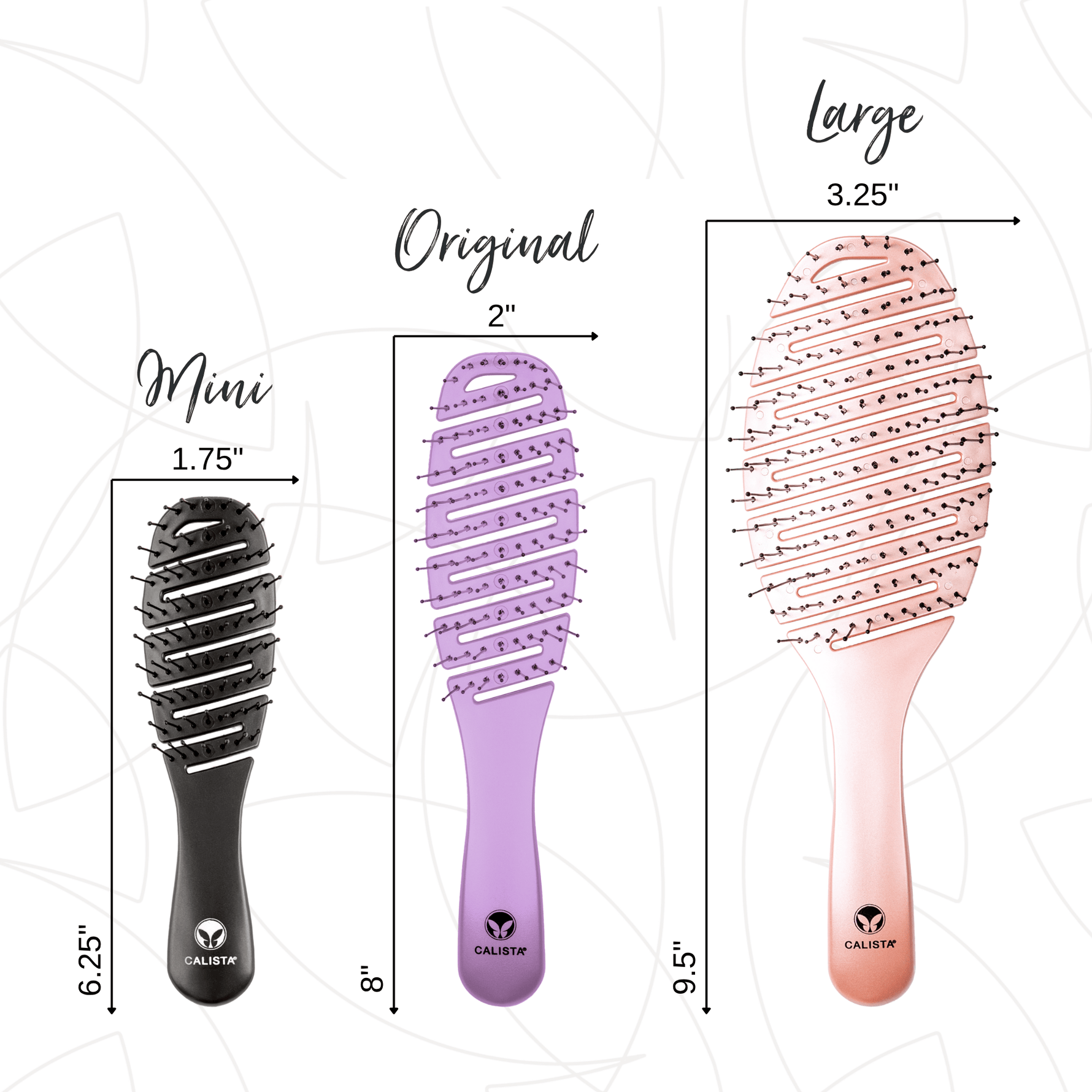 The Calista Tools SMOOTHIE Original + Mini Duo, featuring a purple 8 x 2 Original and black 6.25 x 1.75 Mini brush, is displayed side by side—ideal for detangling and styling all hair types.