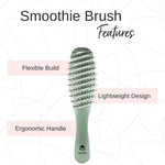 A mint green SMOOTHIE Original + Mini Duo detangling brush by Calista Tools highlights a flexible build, lightweight design, and ergonomic handle. Abstract lines on a white background accent the set for versatile styling.