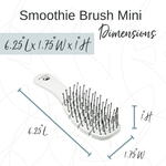 A white Calista Tools SMOOTHIE Original + Mini Duo detangling brush is shown with labeled dimensions: 6.25" L x 1.75" W x 1" H. Blue arrows indicate size, and text reads “Smoothie Brush Mini Dimensions.”.